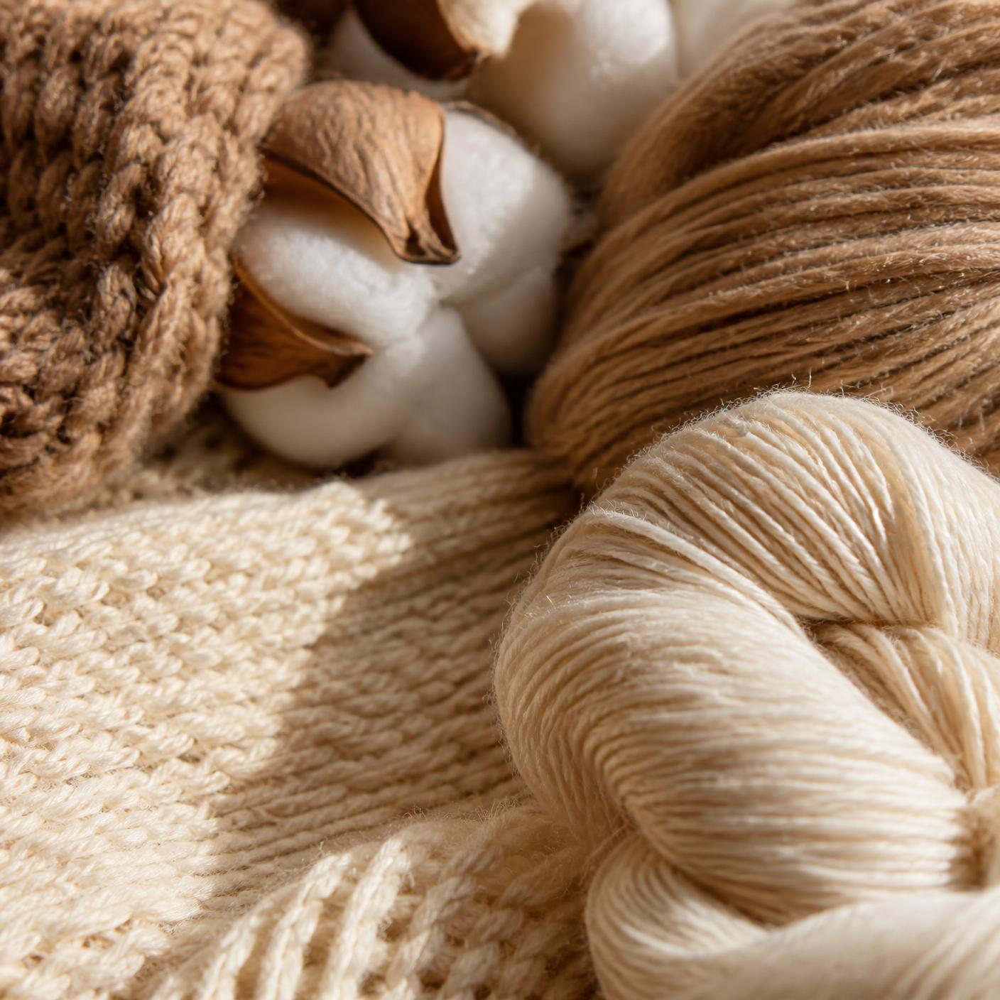 Natural cotton and merino yarn textures in ivory, sage and mocha