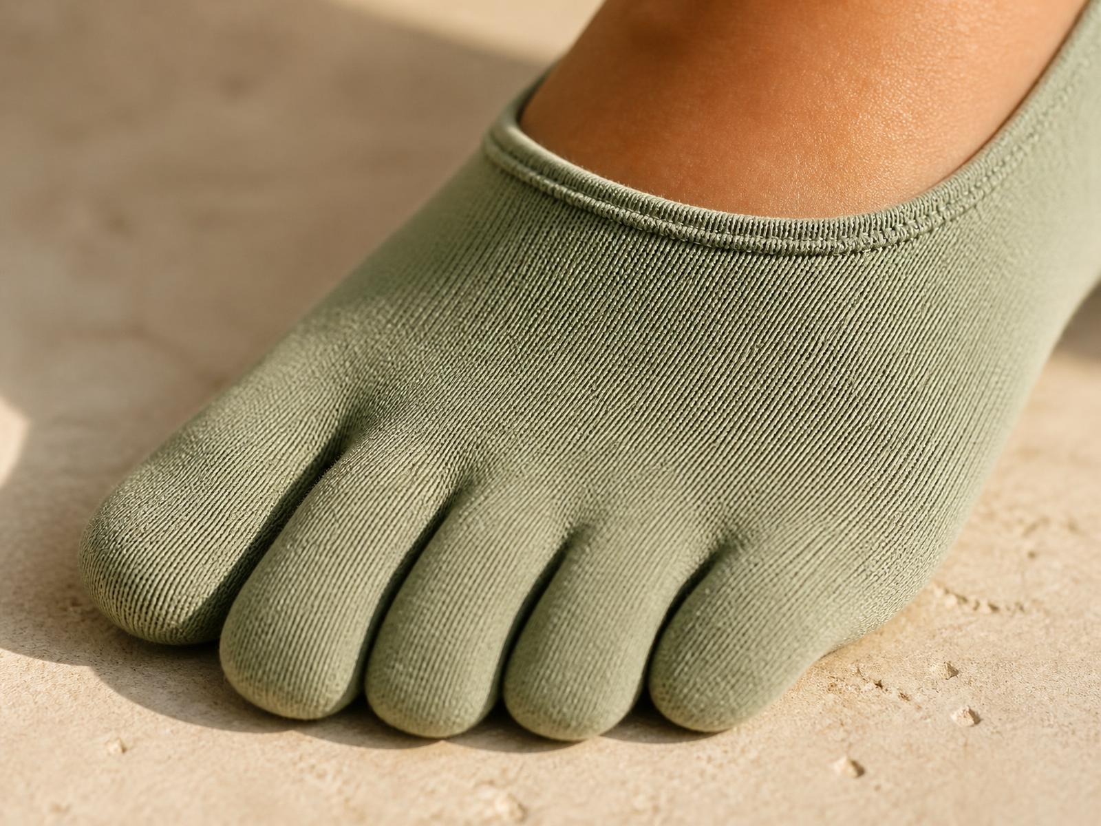 Close-up of five individually knitted toe compartments in a sage sock