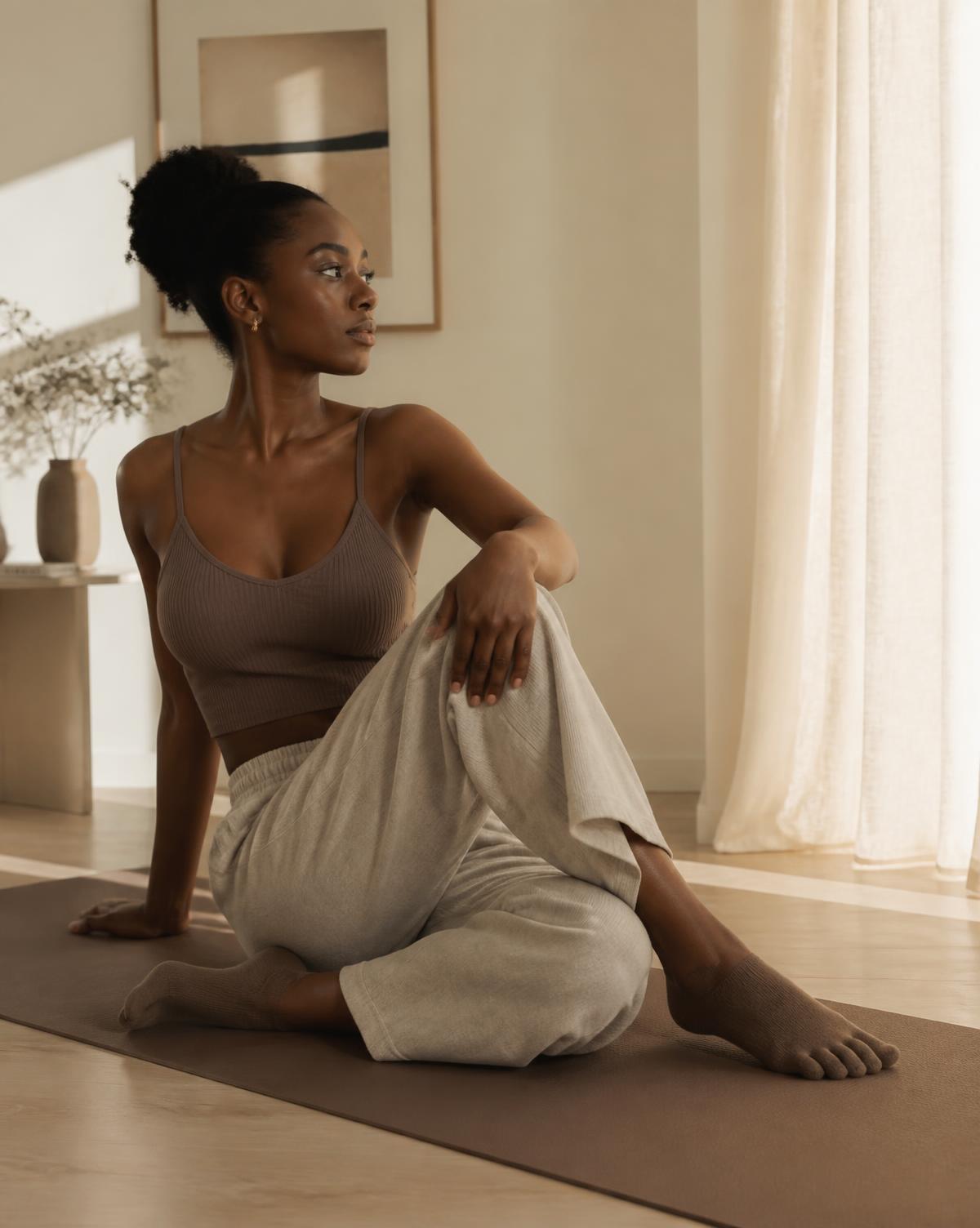 Woman stretching at home in mocha QUINT socks
