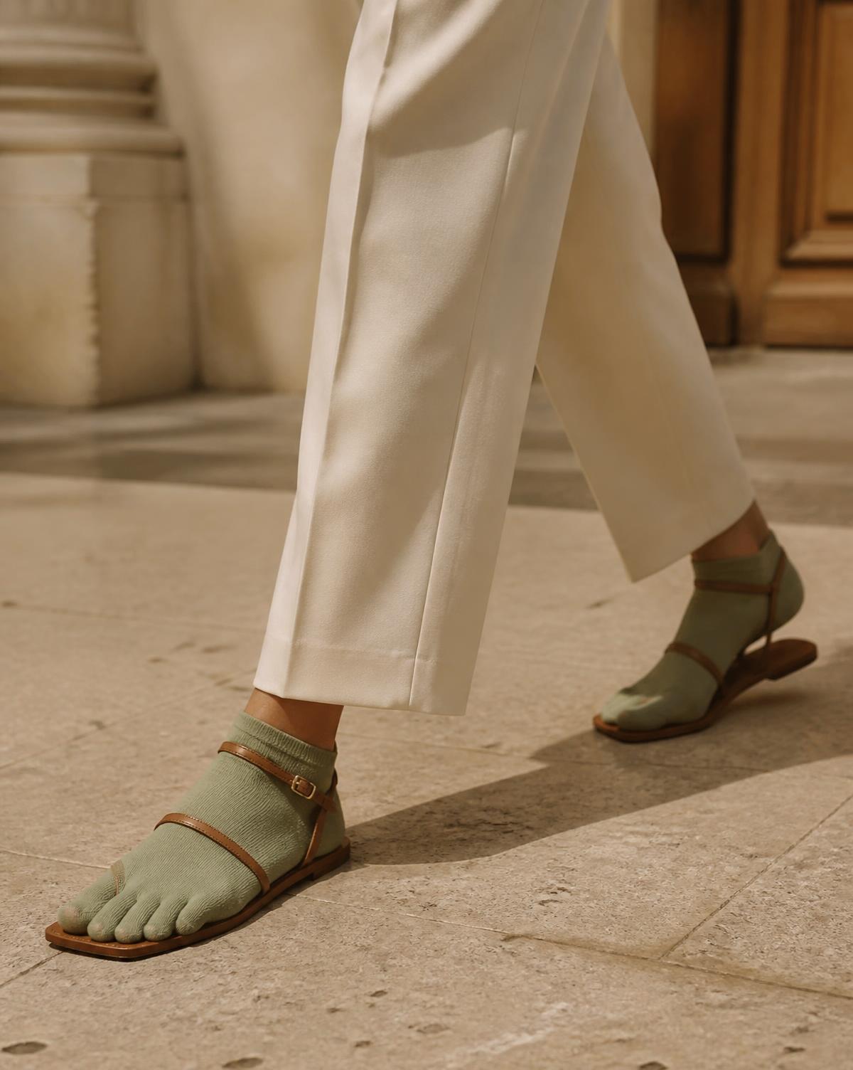 Sage QUINT socks styled with sandals in the city